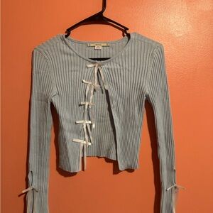 Kimchi Blue Sky Blue Ribbed Crop Top with Ribbon Details